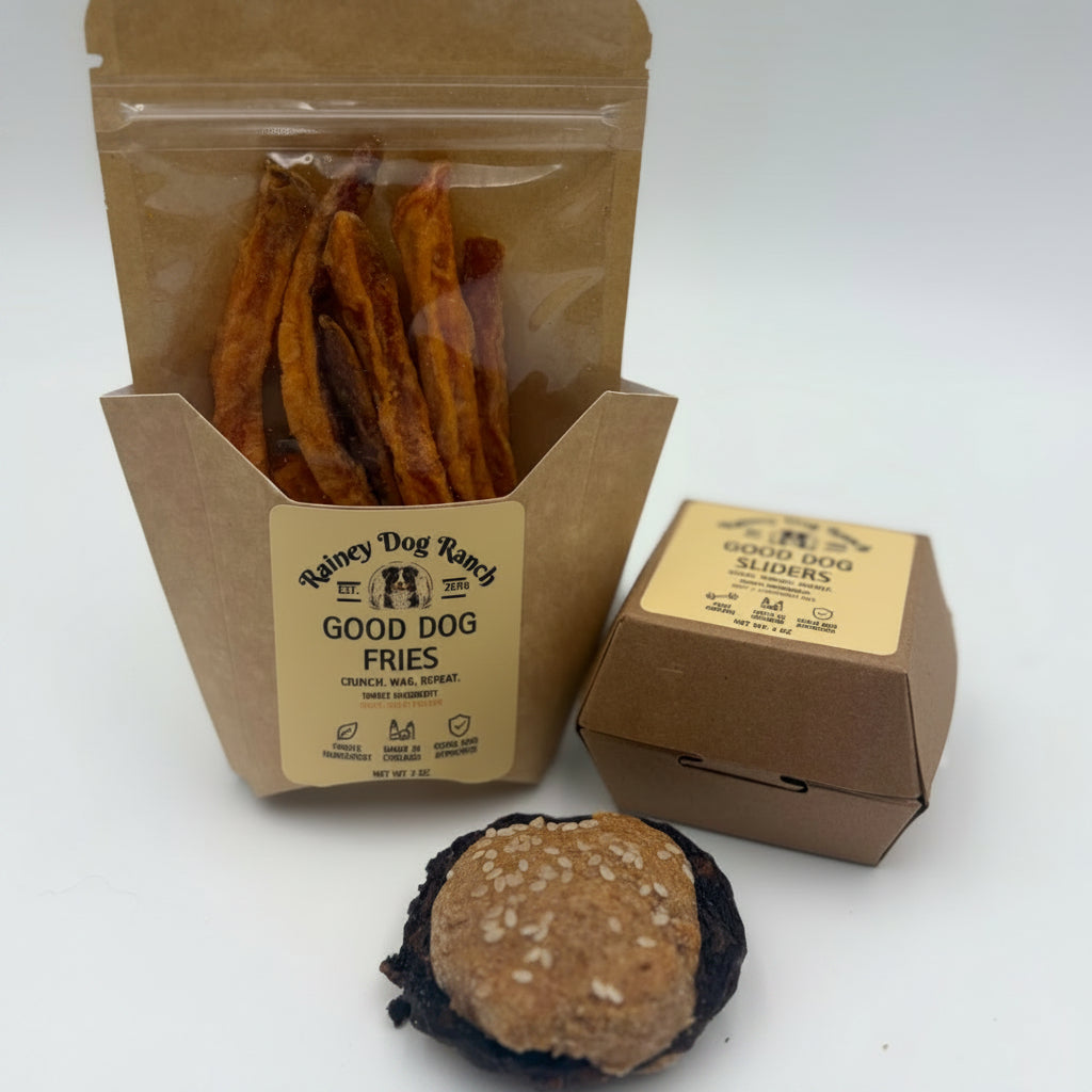 A bag of Rainey Dog Ranch Good Dog Fries dog treats, a small brown cardboard treat box, and a baked dog biscuit on a white background.