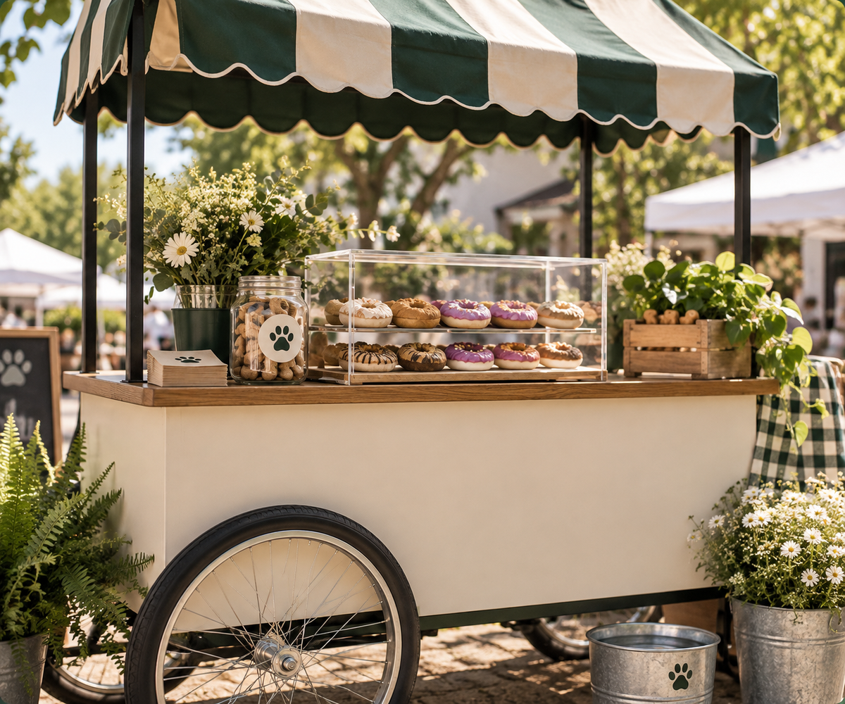 A decorative outdoor food cart with a green and cream striped awning, cream body, and large front wheel, styled at a market. A clear display case on the counter holds assorted donuts, with jars of treats, potted plants, and buckets on the cart.