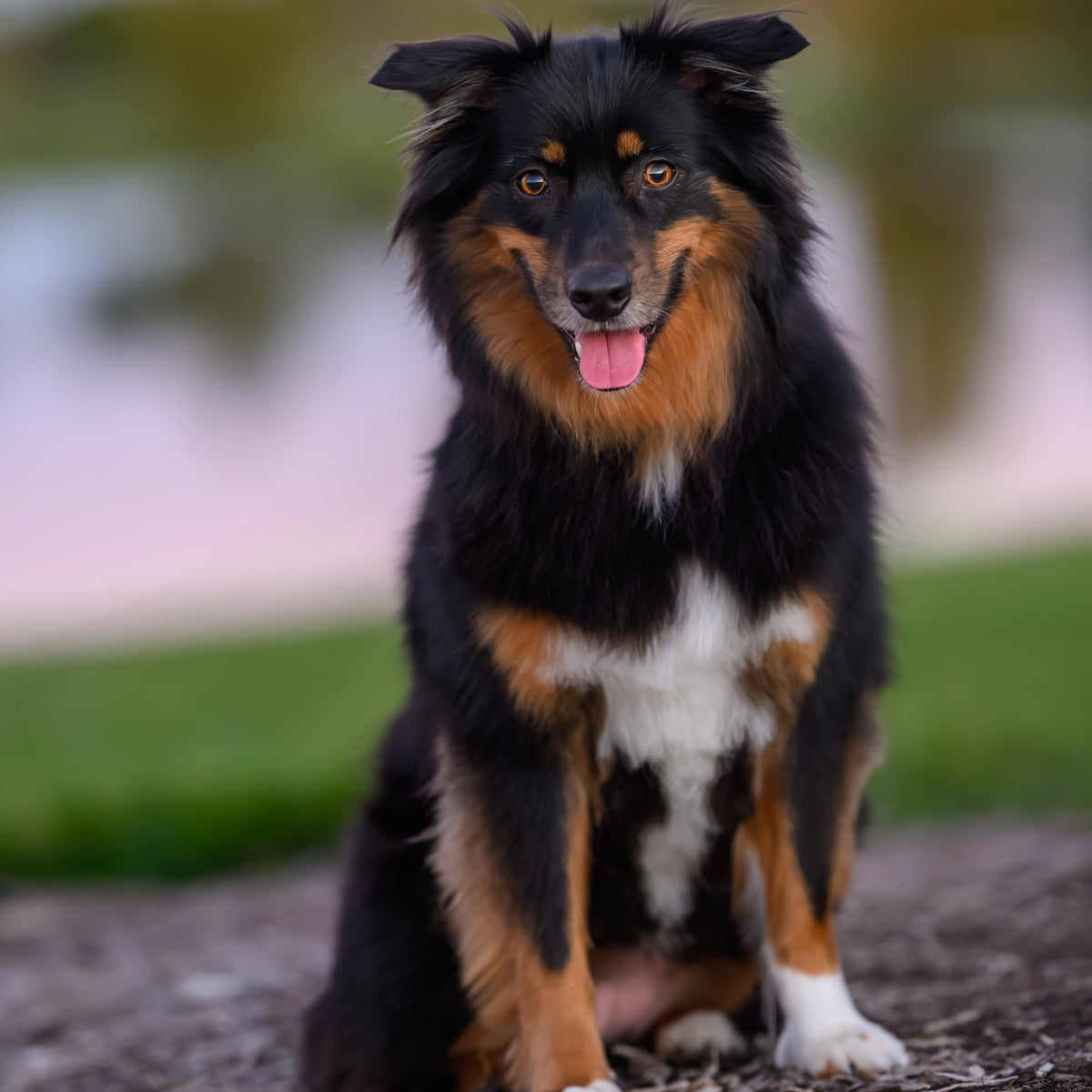 A fluffy black, tan, and white dog sitting on a gravel path outdoors with a blurred natural background.